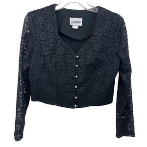 BANJO Cropped Top Women's M‎ Vintage Black Lace Overlay Sheer Long Sleeves